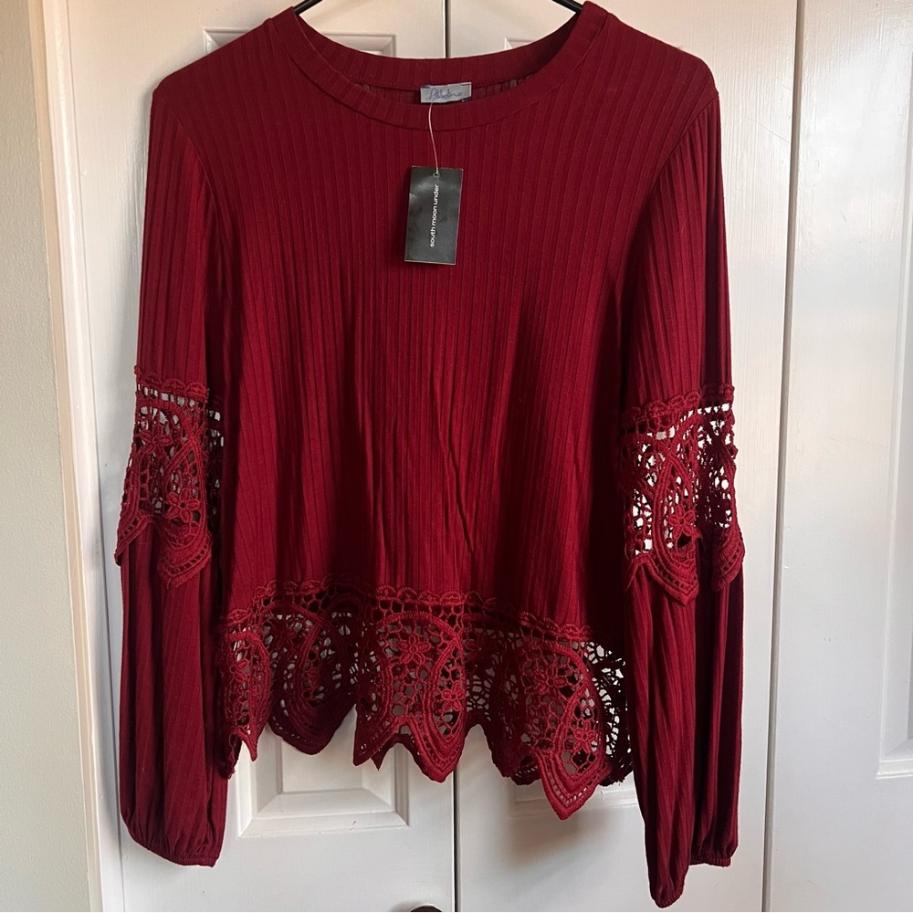 Abbeline Red/Maroon Lace Trim Women's Top